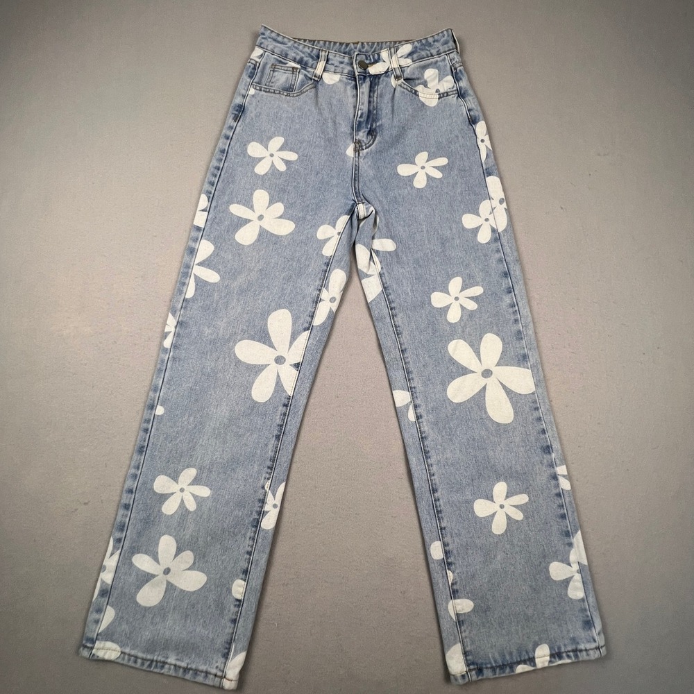 Straight Leg Retro Boho Daisy Print Jeans Womens 27 Light Blue‎ Floral